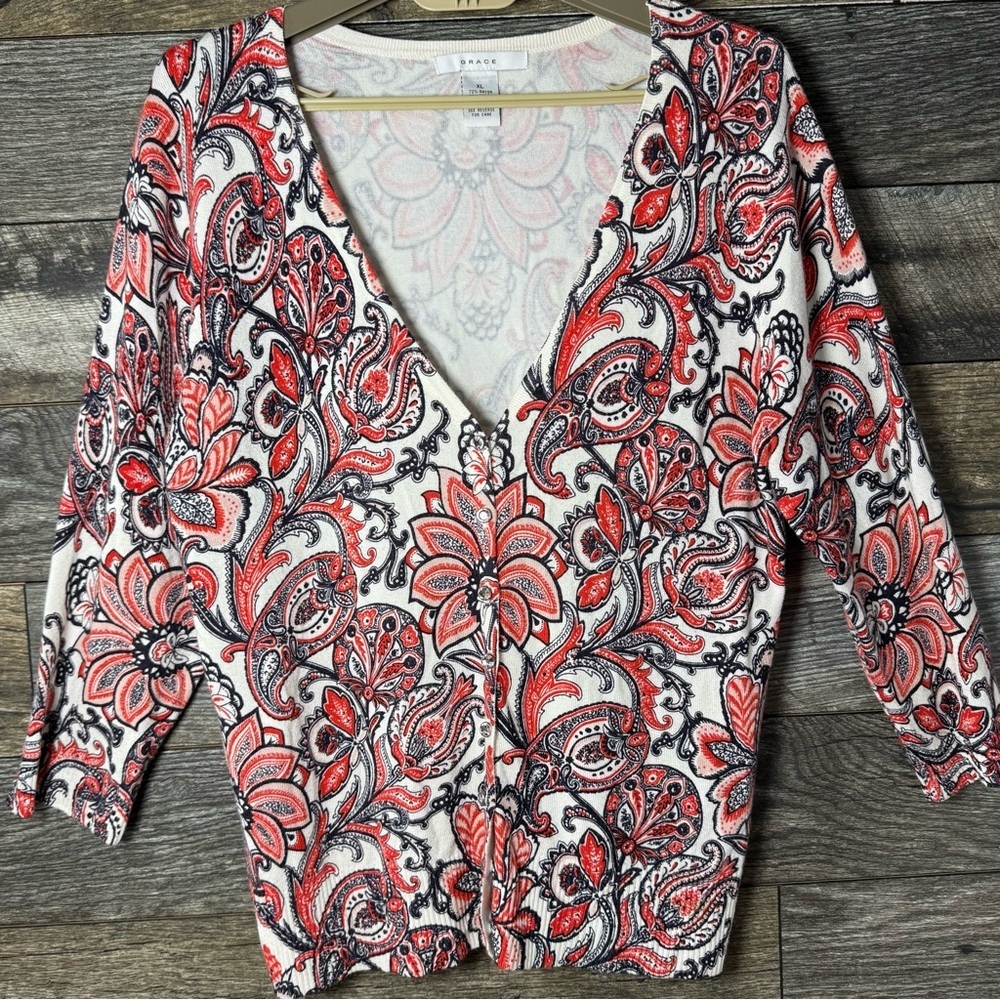 Grace Women’s XL Paisley Cardigan Sweater Red Black Cottagecore V-Neck Boho